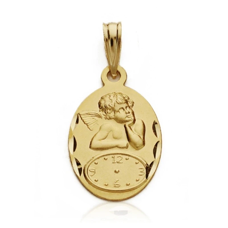 Medalla oro 18k Querubín reloj 19mm. bebé hora nacimiento [AA7422]
