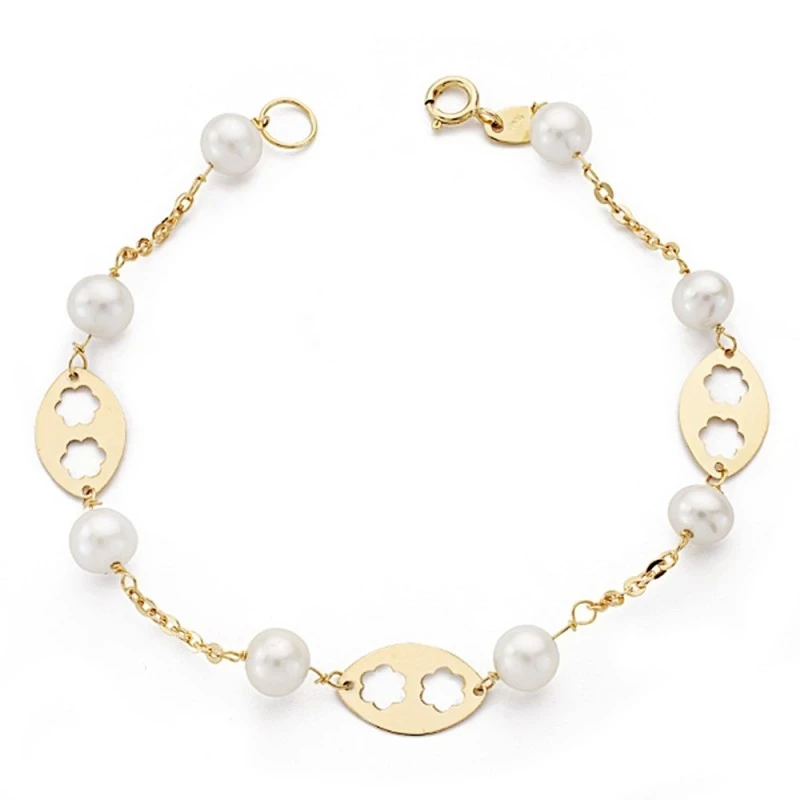 Pulsera oro 9k perlas flores caladas oval plano 18cm. [AA7480]