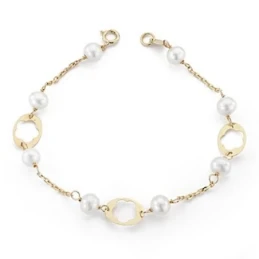 Pulsera oro 9k perlas flores caladas grandes 17cm. [AA7482]