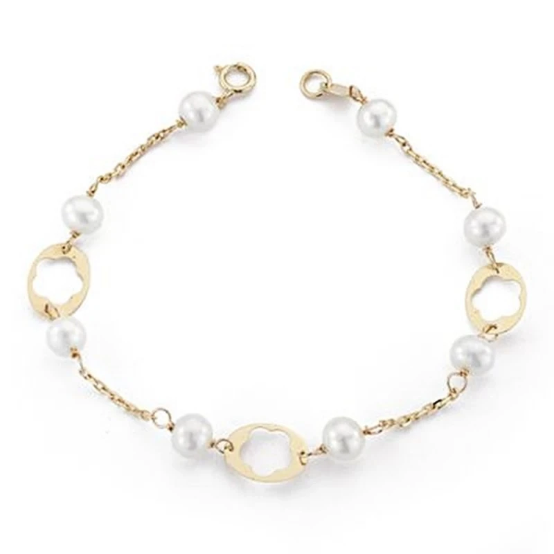 Pulsera oro 9k perlas flores caladas grandes 17cm. [AA7482]