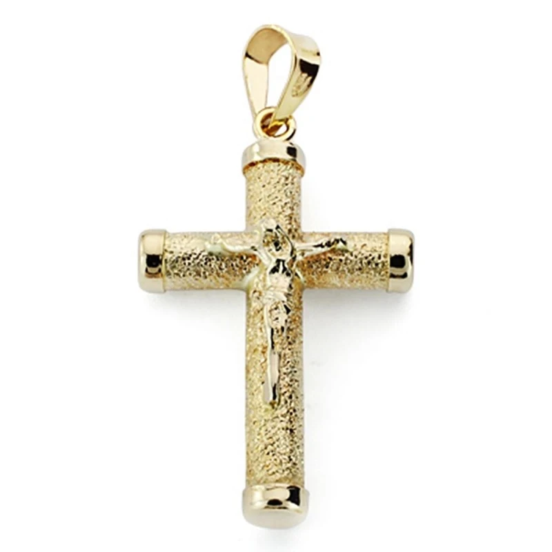 Cruz crucifijo oro 9k 24mm. palo rugoso grueso chatones [AA7495]