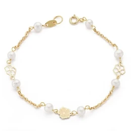Pulsera oro 9k perlas 4-4.5mm. mariposas 17cm. [AA7501]