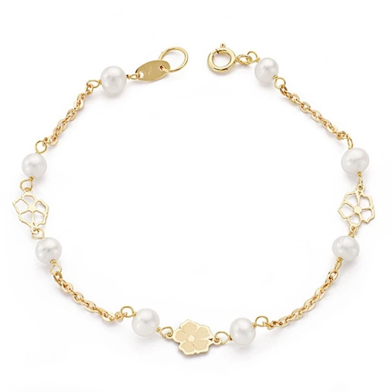 Pulsera oro 9k perlas 4-4.5mm. mariposas 17cm. [AA7501]