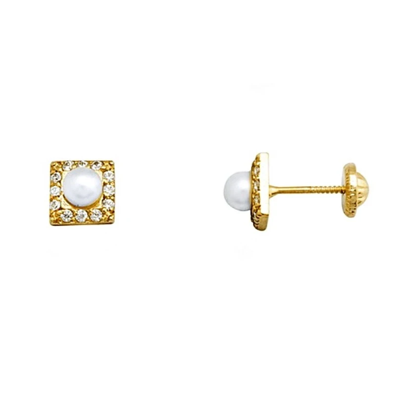 Pendientes oro 18k perla 3.5mm. cultivada circonitas [AA5103]