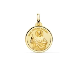 Medalla oro 18k San Judas Tadeo 16mm. bisel trasera patrón de los casos difíciles y desesperados