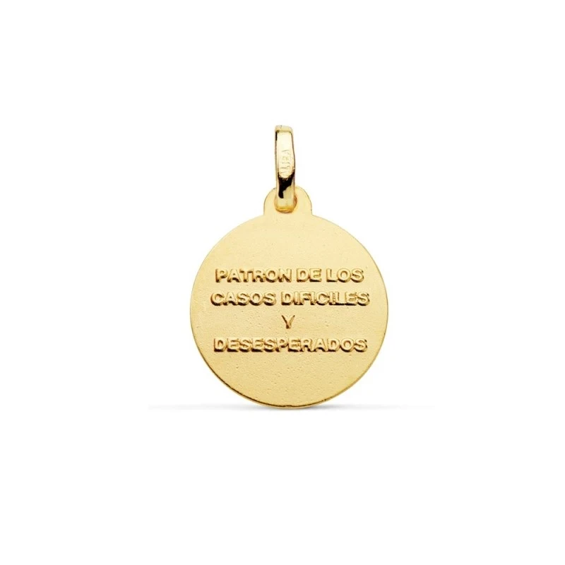 Medalla oro 18k San Judas Tadeo 16mm. bisel trasera patrón de los casos difíciles y desesperados