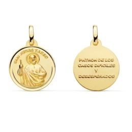 Medalla oro 18k San Judas Tadeo 16mm. bisel trasera patrón de los casos difíciles y desesperados