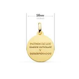 Medalla oro 18k San Judas Tadeo 16mm. bisel trasera patrón de los casos difíciles y desesperados
