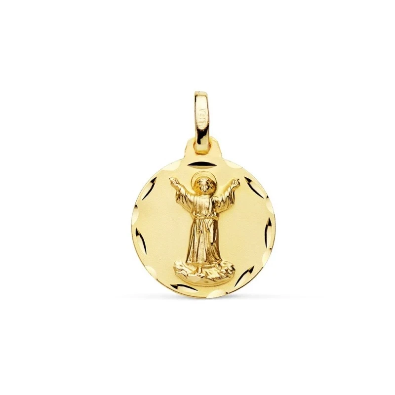 Medalla oro 18k Divino Niño Jesús 16mm. relieve lisa acabado matizado borde detalle tallado