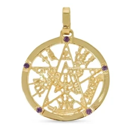 Colgante oro 18k tetragramatón 37mm. amuleto piedras moradas protecci
