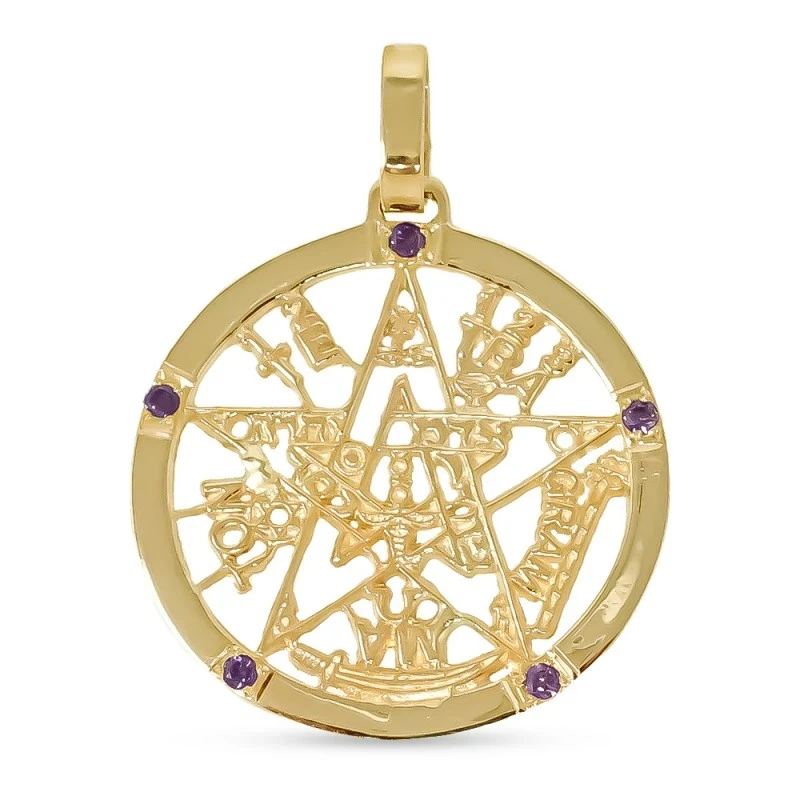 Colgante oro 18k tetragramatón 37mm. amuleto piedras moradas protecci