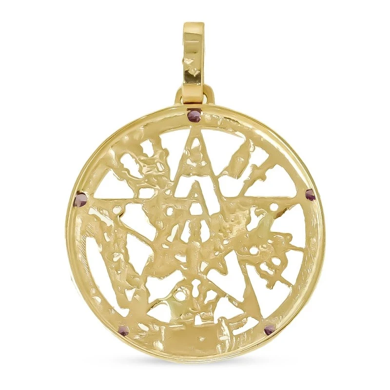 Colgante oro 18k tetragramatón 37mm. amuleto piedras moradas protecci