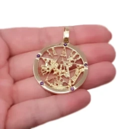 Colgante oro 18k tetragramatón 37mm. amuleto piedras moradas protecci