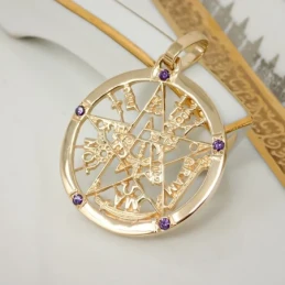 Colgante oro 18k tetragramatón 37mm. amuleto piedras moradas protecci