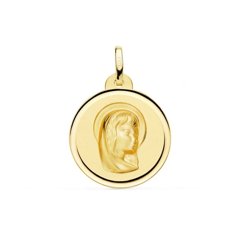 Virgen niña medalla oro 18k Primera Comunión 16 mm. bisel liso