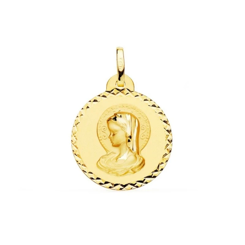 Virgen María medalla oro 18k Primera Comunión colgante 20 mm. lineas