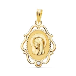 Virgen Niña medalla oro 18k Primera Comunión colgante 24 mm. ovalada