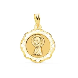 Virgen Niña medalla oro 18k Primera Comunión colgante 20 mm. detalles