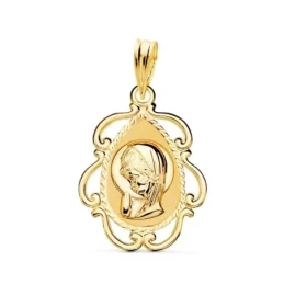 Virgen Niña medalla oro 18k Primera Comunión colgante 22 mm. detalle