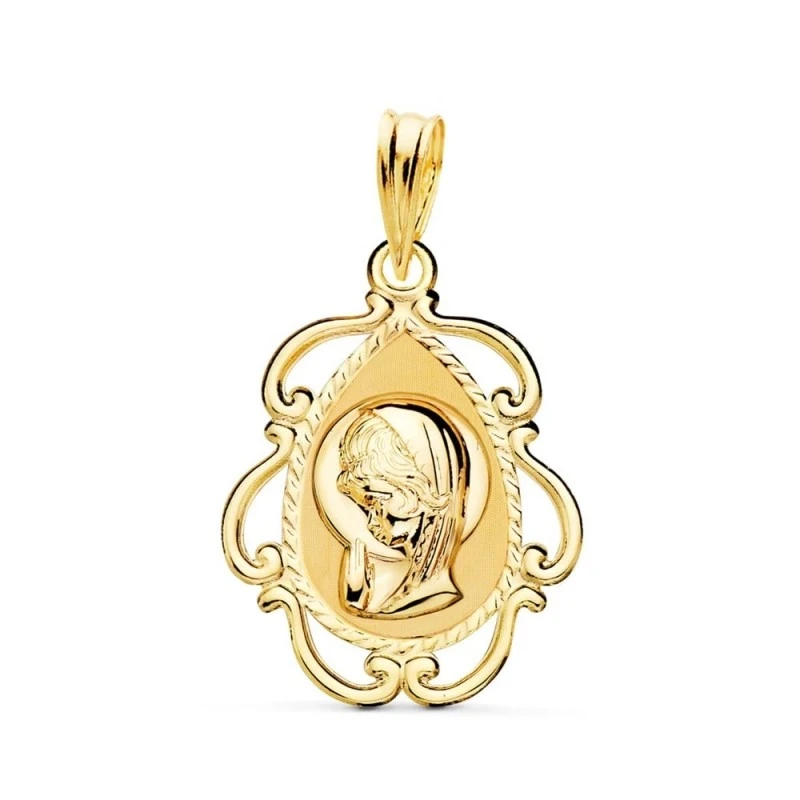 Virgen Niña medalla oro 18k Primera Comunión colgante 22 mm. detalle
