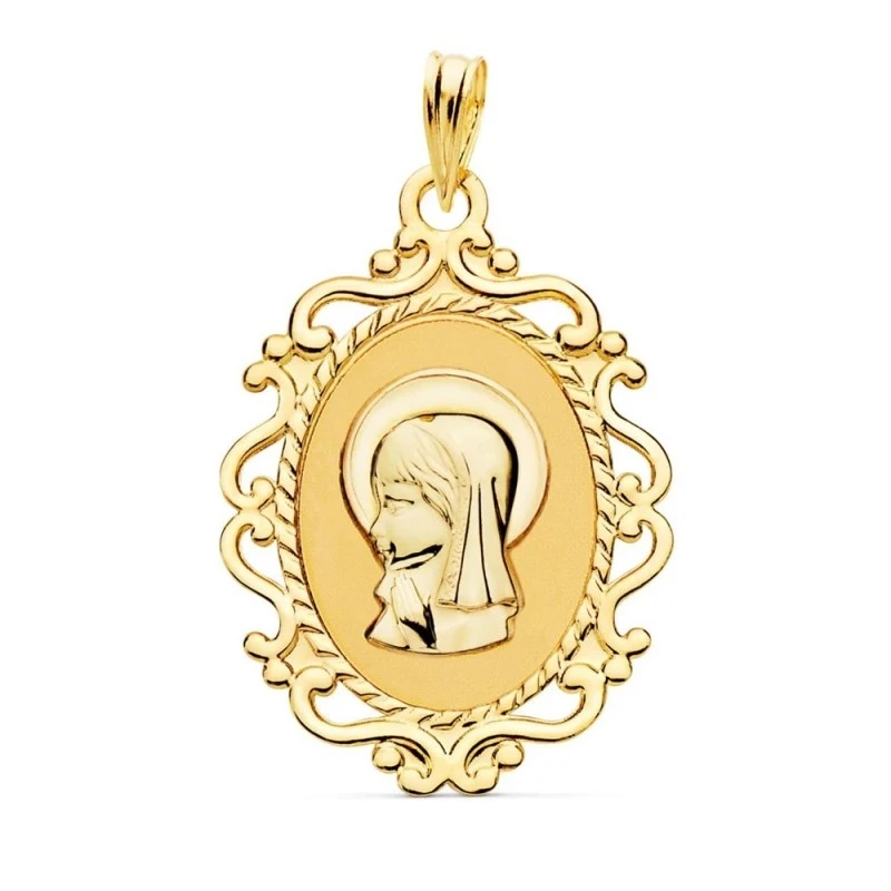 Virgen Niña medalla oro 18k Primera Comunión colgante 23 mm. ovalada