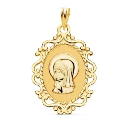 Virgen Niña medalla oro 18k Primera Comunión colgante 23 mm. ovalada