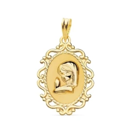 Virgen Niña medalla oro 18k Primera Comunión colgante 23 mm. borde de