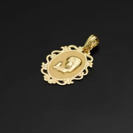 Virgen Niña medalla oro 18k Primera Comunión colgante 23 mm. borde de