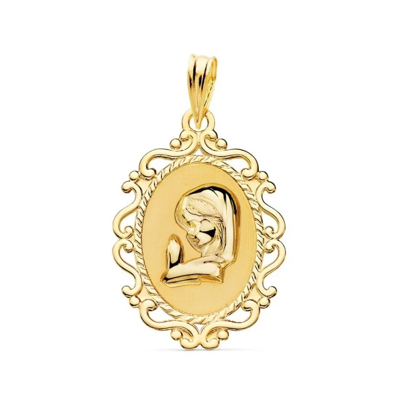 Virgen Niña medalla oro 18k Primera Comunión colgante 23 mm. borde de