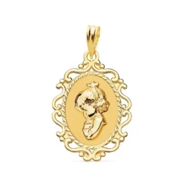 Virgen Niña medalla oro 18k Primera Comunión colgante 23 mm. detalle