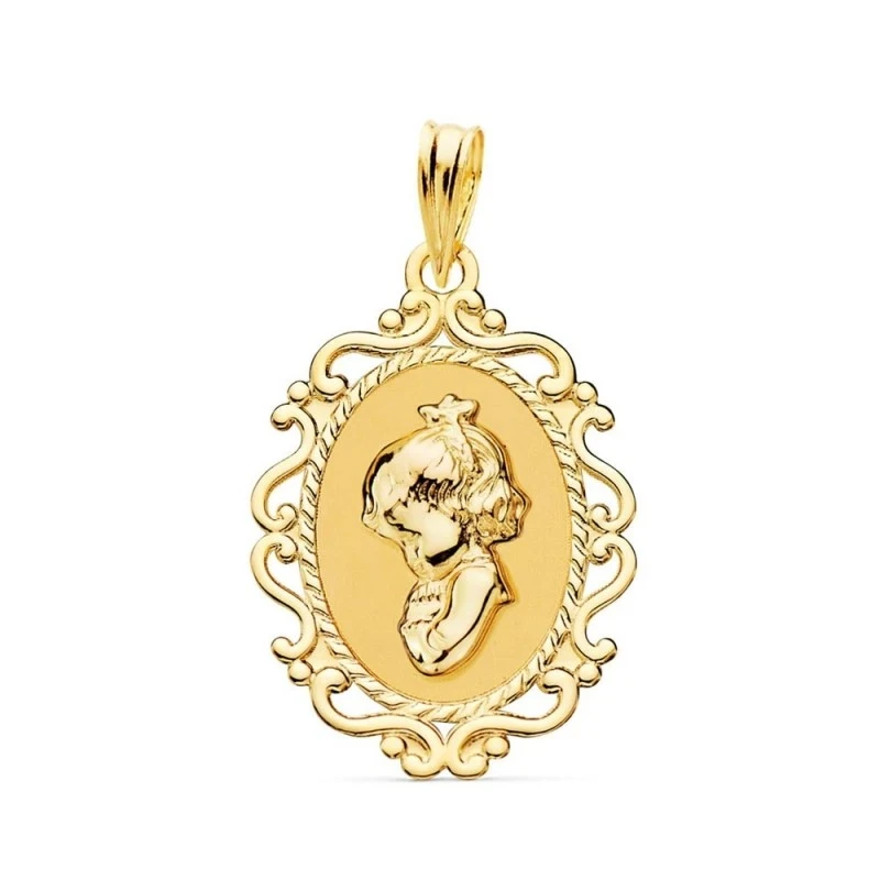 Virgen Niña medalla oro 18k Primera Comunión colgante 23 mm. detalle