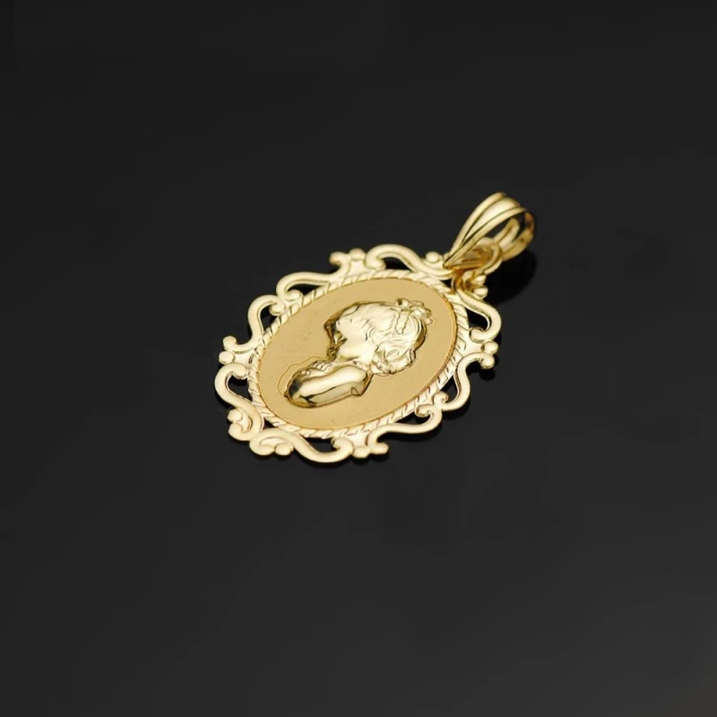 Virgen Niña medalla oro 18k Primera Comunión colgante 23 mm. detalle