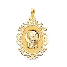 Virgen Niña medalla oro 18k Primera Comunión colgante 31 mm. ovalada