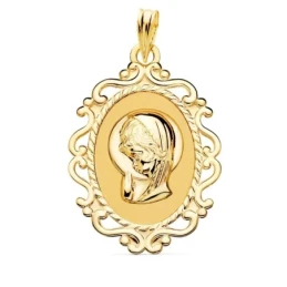 Virgen Niña medalla oro 18k Primera Comunión colgante 31 mm. ovalada