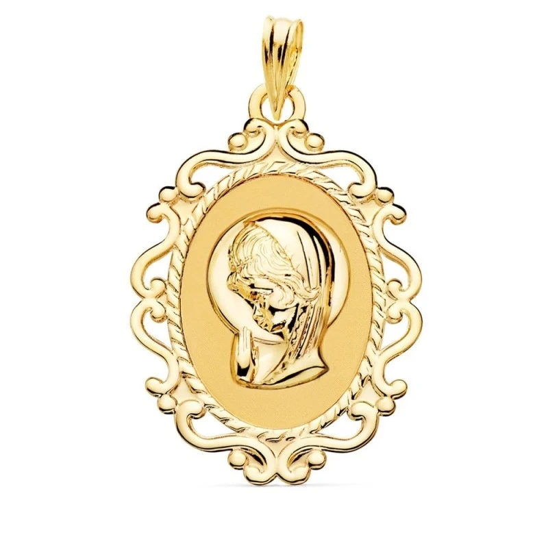 Virgen Niña medalla oro 18k Primera Comunión colgante 31 mm. ovalada