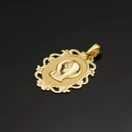 Virgen Niña medalla oro 18k Primera Comunión colgante 31 mm. ovalada