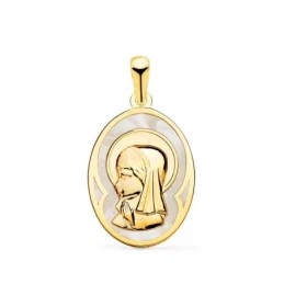 Virgen Niña Medalla Oro 18k Primera Comunión 17 mm. nácar fondo silue