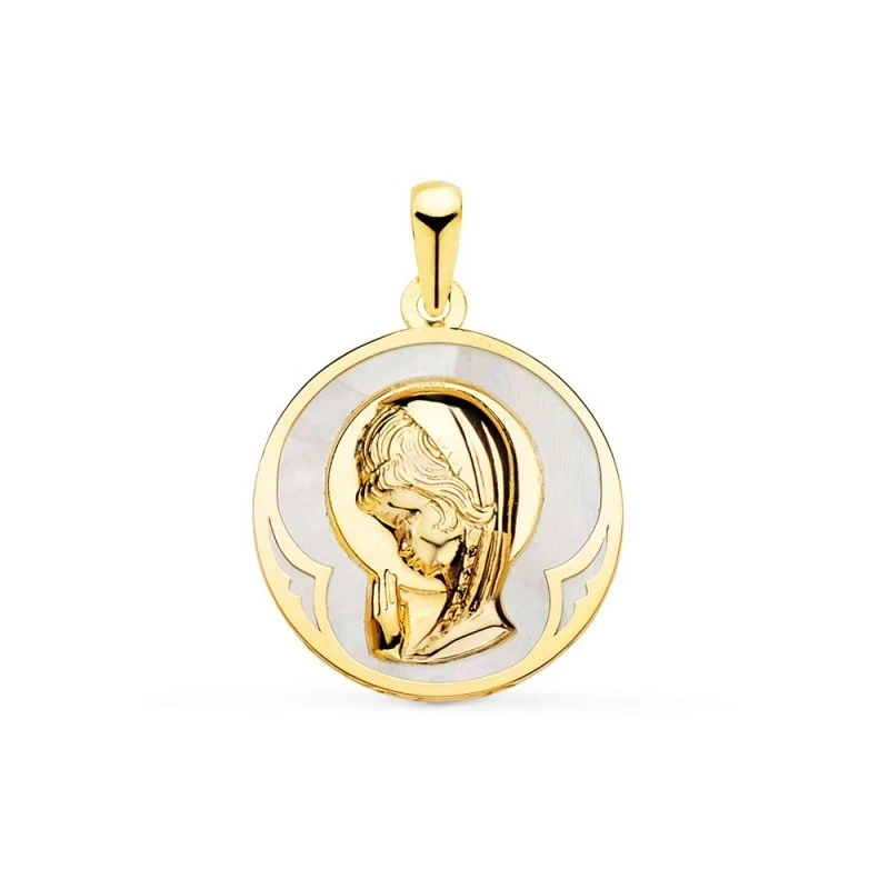Virgen Niña Medalla Oro 18k Primera Comunión 15 mm. nácar blanco cent