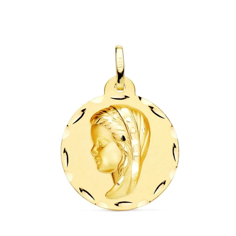 Virgen Niña Medalla Oro 18k Primera Comunión 24 mm. borde detalles ta