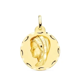 Virgen Niña Medalla Oro 18k Primera Comunión 24 mm. borde detalles ta