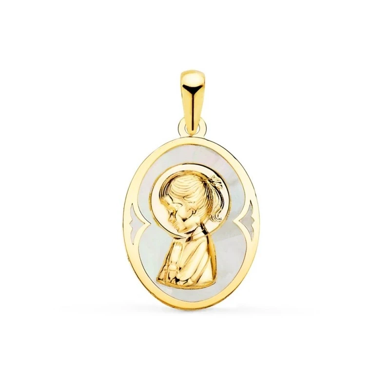 Virgen Niña Medalla Oro 18k Primera Comunión 19 mm. nácar fondo later