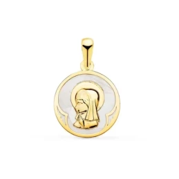 Virgen Niña Medalla Oro 18k Primera Comunión 15 mm. redonda nácar fon