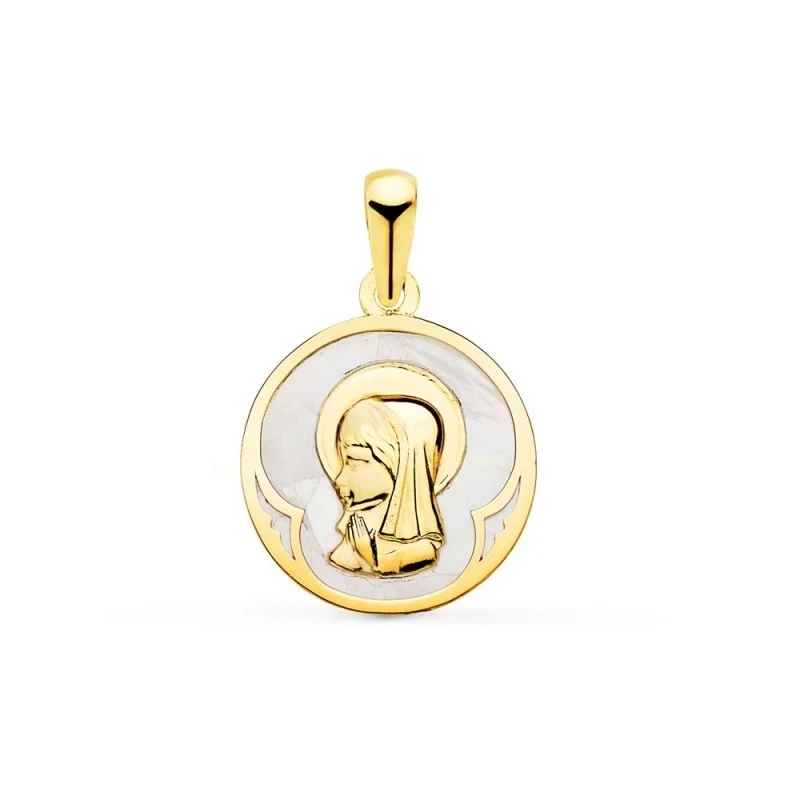 Virgen Niña Medalla Oro 18k Primera Comunión 15 mm. redonda nácar fon