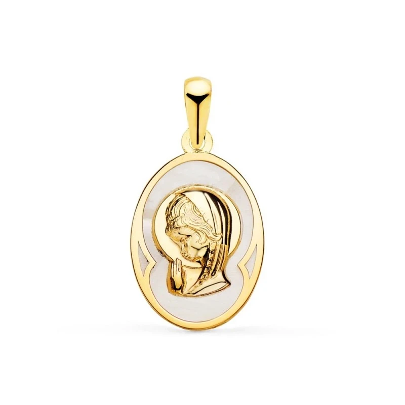 Virgen Niña Medalla Oro 18k Primera Comunión 17 mm. ovalada nácar fon