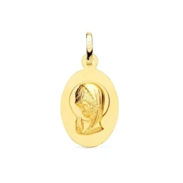 Virgen Niña Medalla Oro 18k Primera Comunión 19 mm. ovalada lisa mate