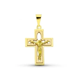 Cruz Cristo Colgante Oro bicolor 18k unisex 27 mm. plana detalles cal
