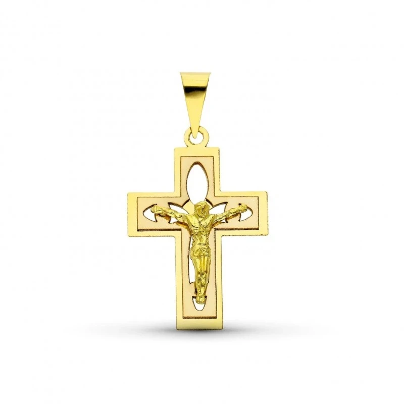 Cruz Cristo Colgante Oro bicolor 18k unisex 27 mm. plana detalles cal