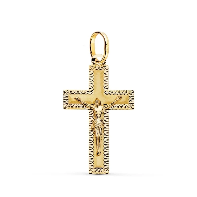 Cruz Cristo Colgante Oro 18k unisex 27 mm. bordes detalles tallados