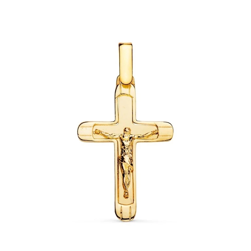 Cruz Cristo Colgante Oro 18k unisex 25 mm. bordes relieve lisos