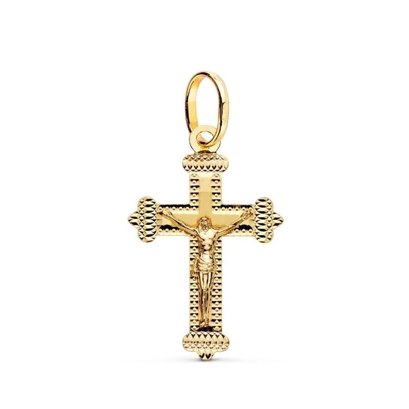 Cruz Cristo Colgante Oro 18k unisex 27 mm. detalles tallados borde te
